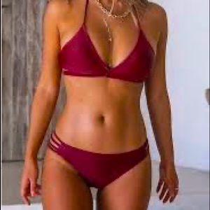NEW Burgundy Red Strappy Lace Up Sexy Halter Boho Bikini Swim Size Small